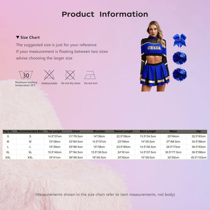 Cosplaykostuum voor cheerleaderoptredens voor vrouwen, crop-top met lange mouwen en geplooide rok met pompons 2026