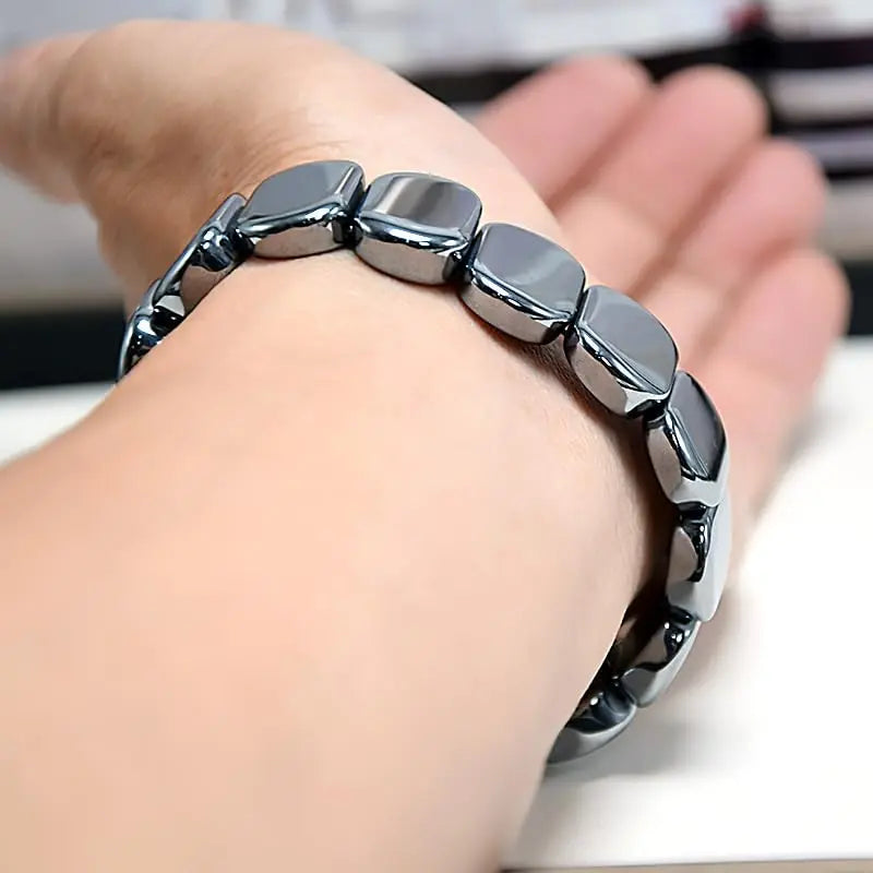 Supportive men's hematite bracelet – natural stone beaded stretch, geometric, gift jewelry