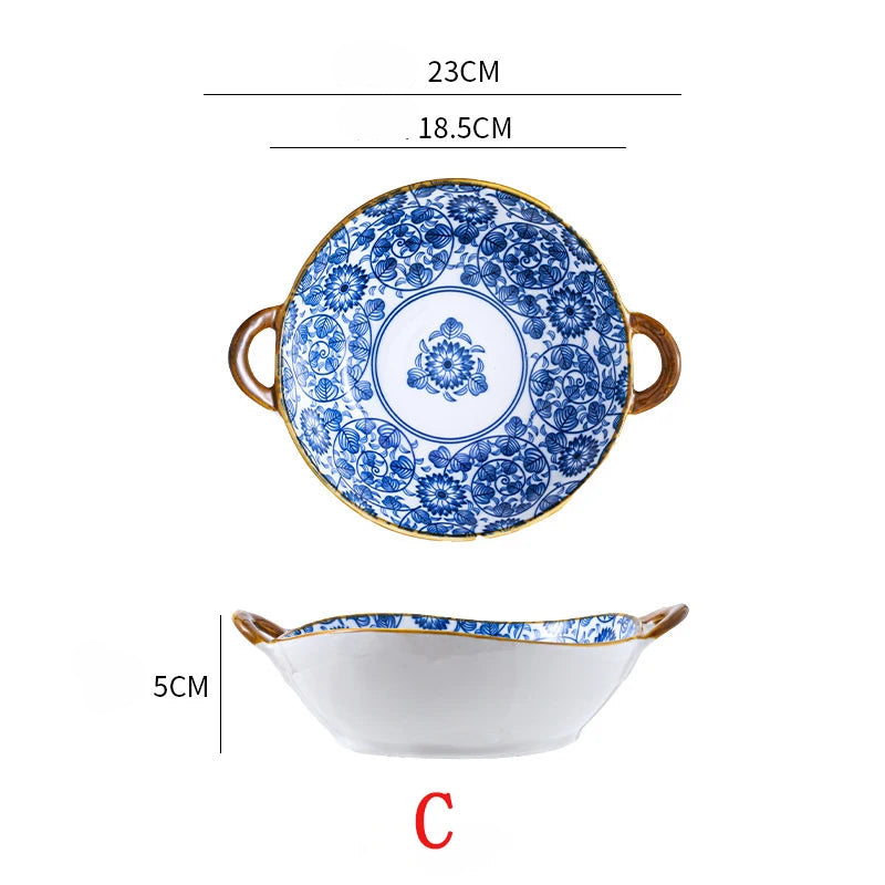 7.5 tums japansk keramisk nudelskål med handtag blå