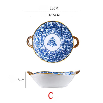 7.5 tums japansk keramisk nudelskål med handtag blå