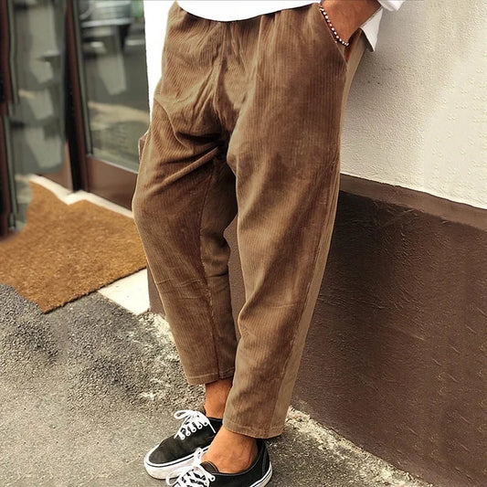 Vintage kordflöjlsbyxor män solid midja rak lång byxa casual sommar streetwear mode
