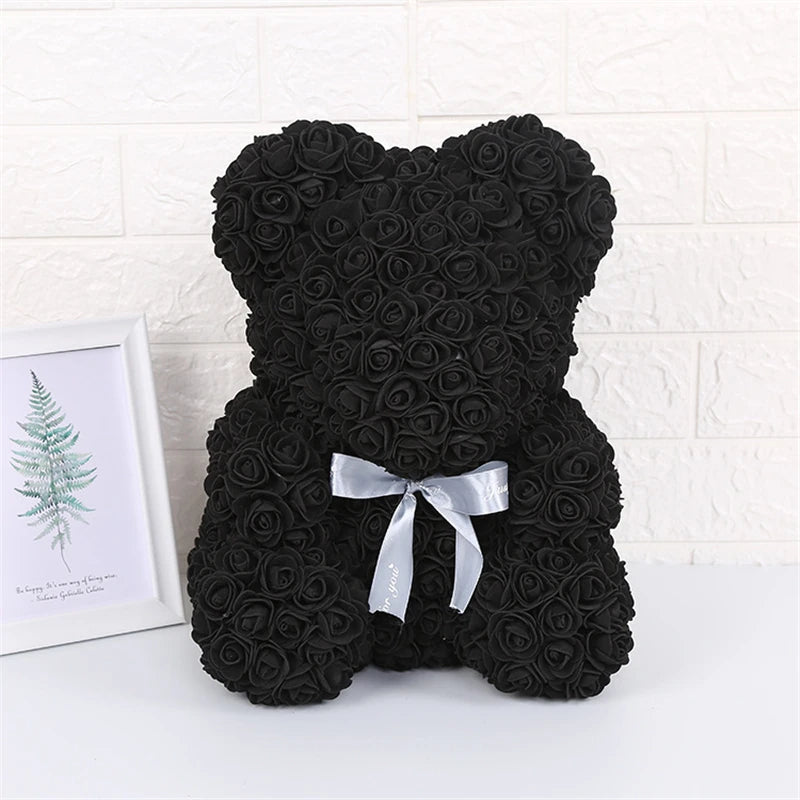 Faux Rose Teddy Bear with Gift Box and Lights - Romantic Anniversary or Valentine's Day Gift, Wedding Decor