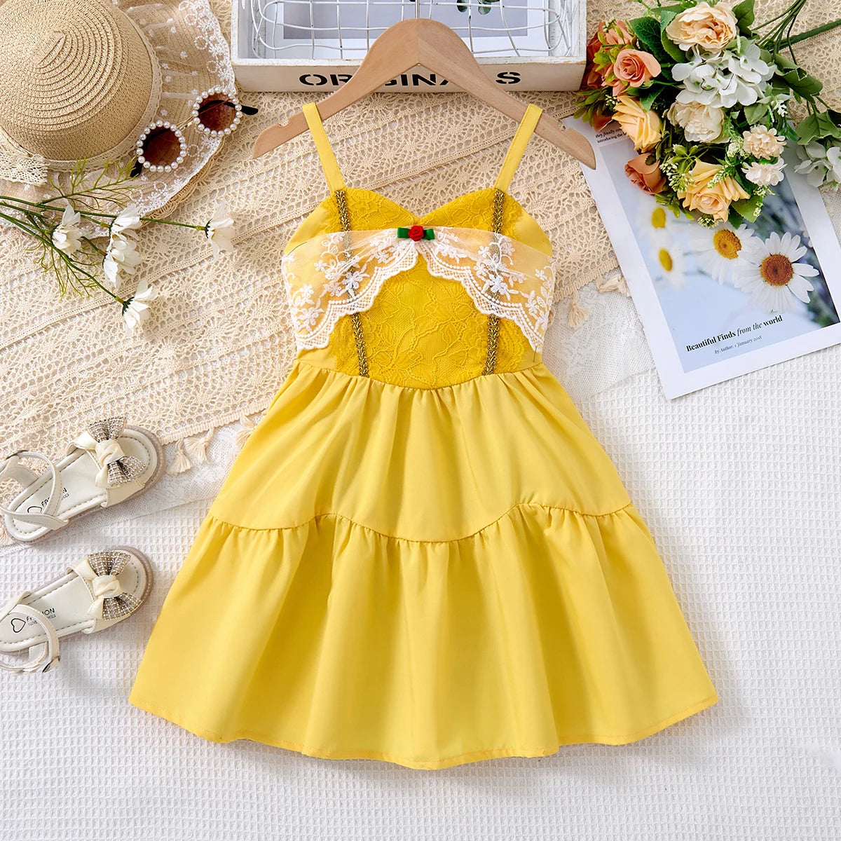 Breathable girls' dress - lace-up sling, sleeveless, flowy, polyester, for summer