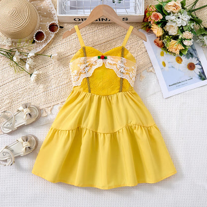 Breathable girls' dress - lace-up sling, sleeveless, flowy, polyester, for summer