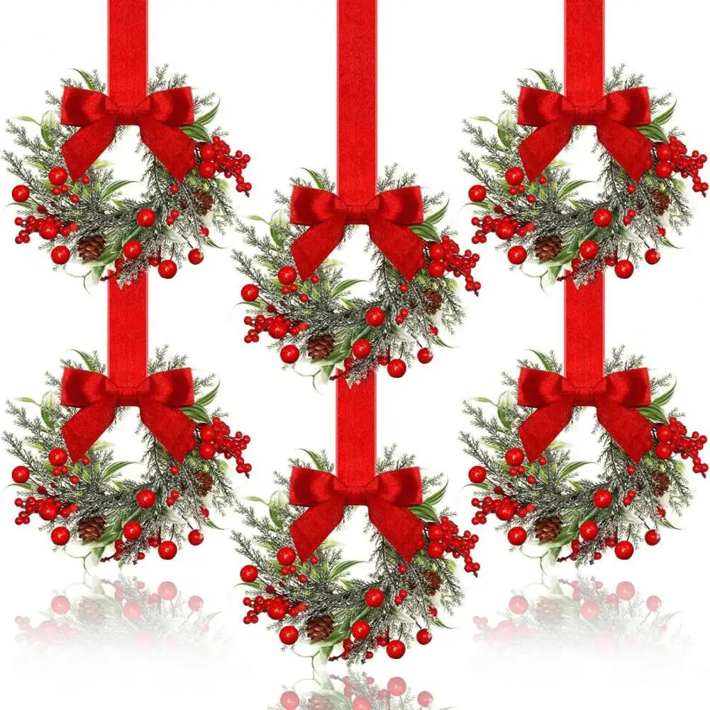 Juego de 6 coronas navideñas mini para gabinete con lazos rojos decoración duradera artificial estilo granja para las fiestas 2025