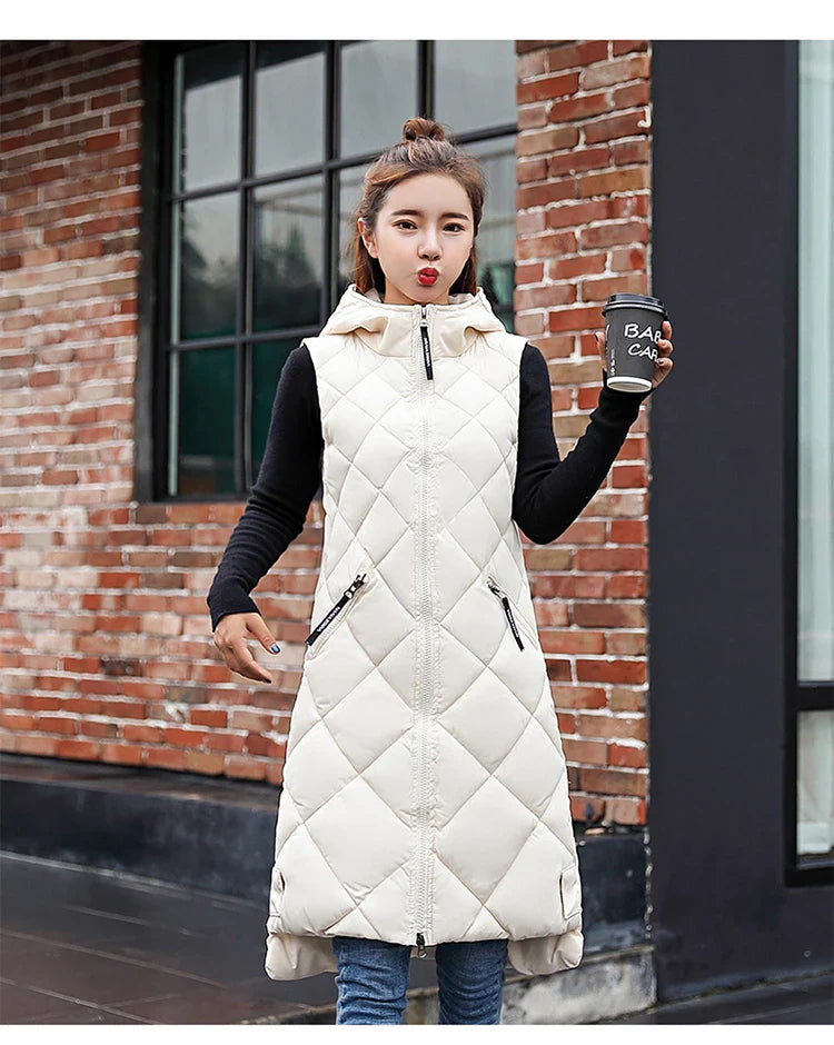Lightweight Women's Long Puffer Vest - Hooded Cotton Winter