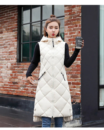 Lightweight Women's Long Puffer Vest - Hooded Cotton Winter