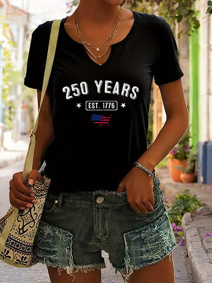 Breathable women's t-shirt – V-neck, short sleeve, patriotic EST.1776 USA print, casual top
