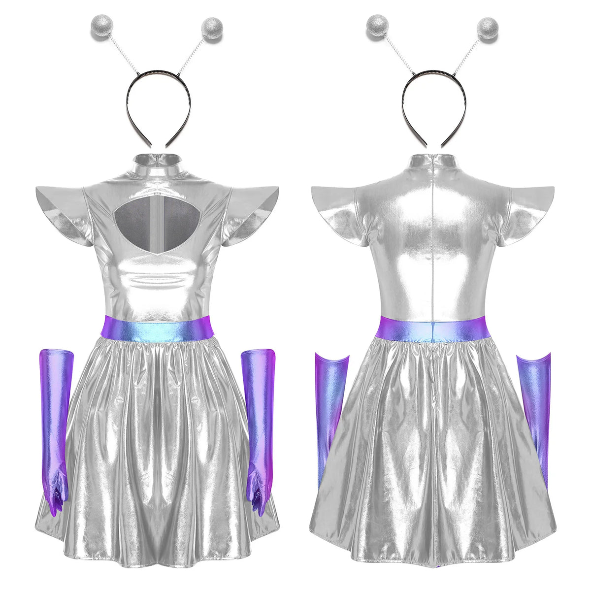 Zilverkleurige metallic astronauten-alien-tutu-jurk voor vrouwen, cosplayruimtecadetromper, Halloweenfeestjurk 2026