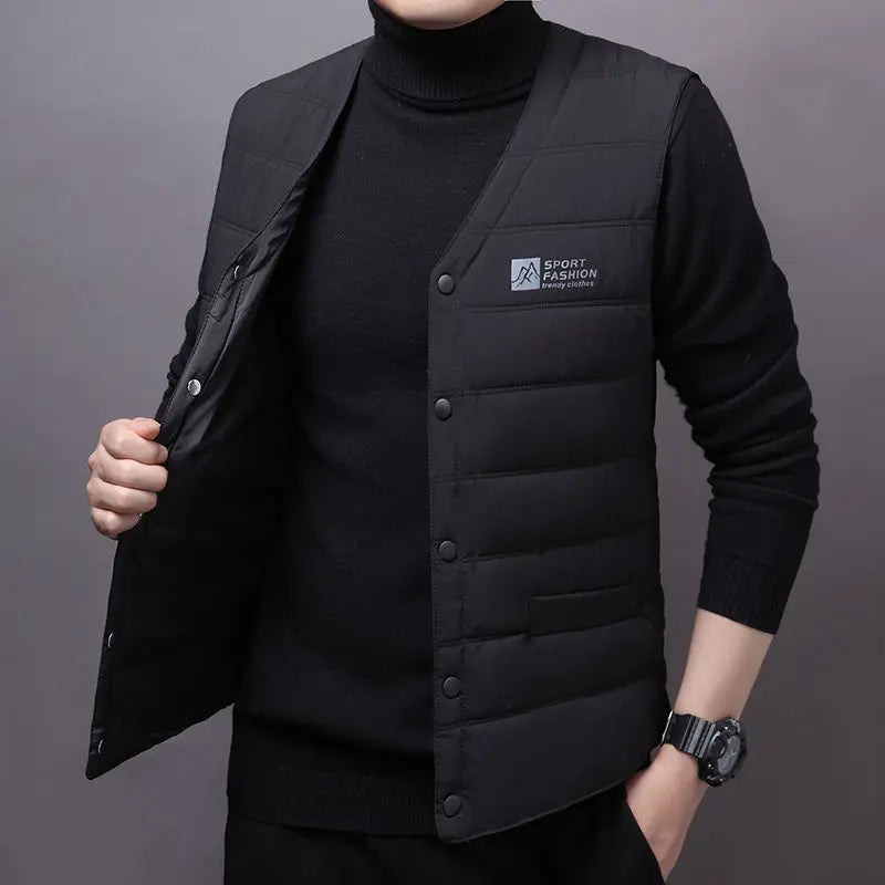 Warm Men's Down Vest - V Neck Quilted Cotton, Winter