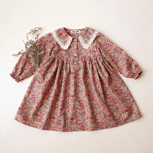 Soft classic girls' dress – floral long-sleeve knee-length, cotton, for special occasions