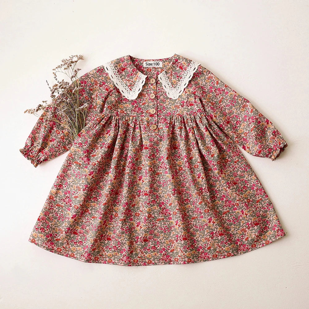 Soft girls' dress - vintage-inspired floral-pattern, cotton, for special occasions and holidays
