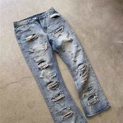 Oversized Relaxed Mens Jeans - Ripped Straight Leg Denim