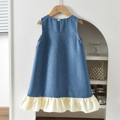 Soft girls' dress - round-neck sleeveless, bow-accented a-line, polyester, casual summer wear