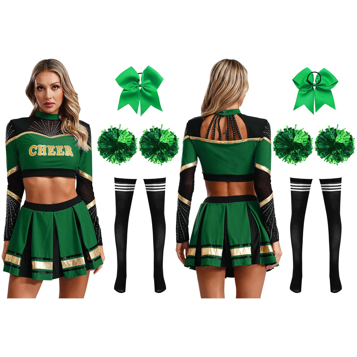 Cosplaykostuum voor cheerleaderoptredens voor vrouwen, crop-top met lange mouwen en geplooide rok met pompons 2026