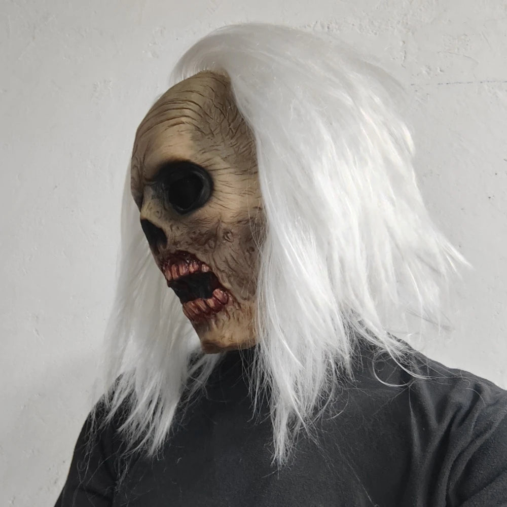 Latex horrormasker voor volwassenen met wit haar, vampier en zombiestijl, dat het hele hoofd bedekt, Halloween-kostuumdecoratie en -rekwisiet 2026