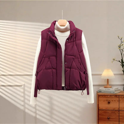 Warm Women's Puffer Vest - Quilted High Collar, Polyester