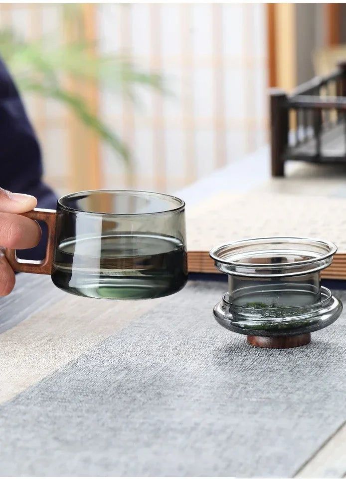 200ml Tea Infuser Cup Heat Resistant Glass Mug Wood Handle