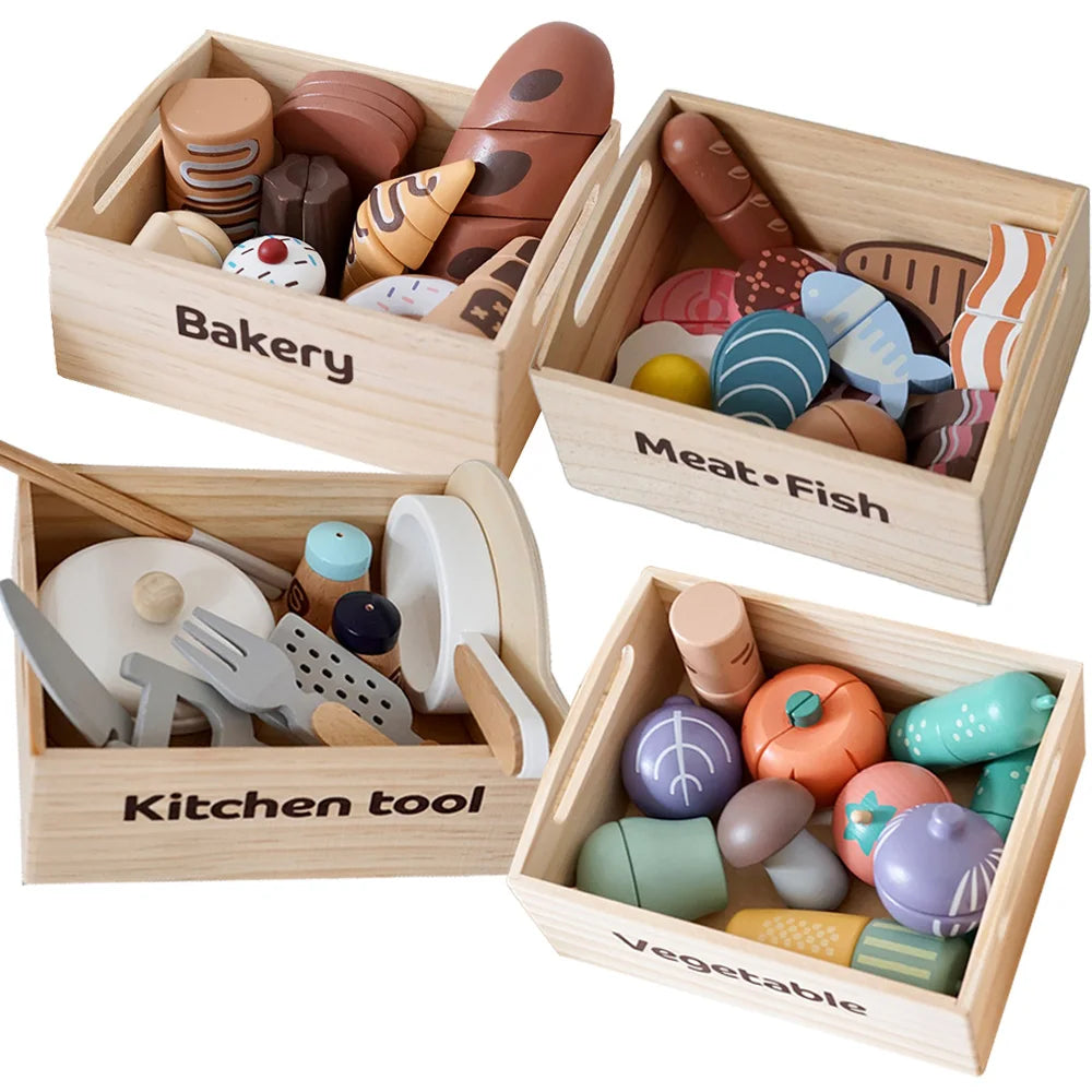 Set da gioco da cucina per bambini in legno con accessori per tagliare alimenti - Frutta, verdura e giocattoli da forno