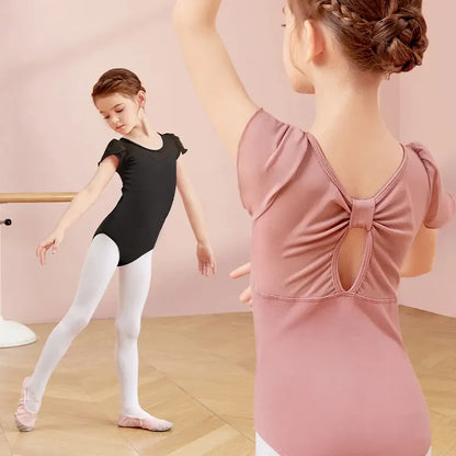 Elastischer Ballett-Body für Mädchen – kurzärmlig, Schleifendetail am Rücken, Baumwoll-Elasthan, für Tanzunterricht