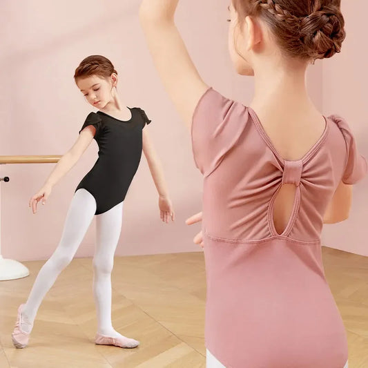 Stretchy girls' ballet leotard - short sleeve, back bow detail, cotton-elastane, for dance class