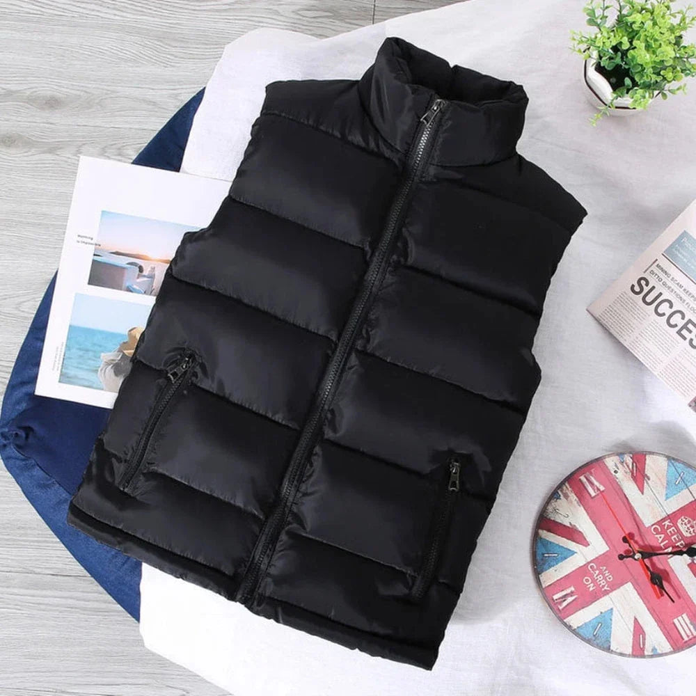Warm Slim Men’s Puffer Vest - Stand Collar, Polyester, Casual