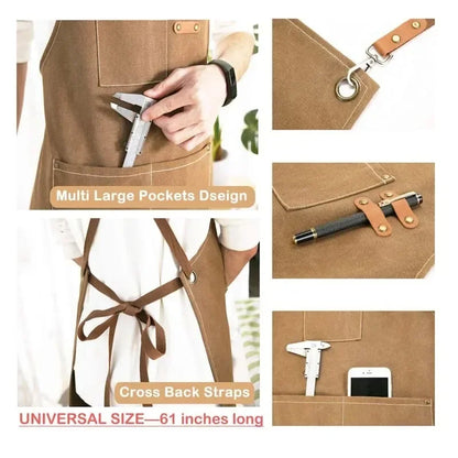 Canvas Apron Oil Proof Wipeable Kitchen Workshop Apron With Tool Pockets Adjustable Leather Straps Fall 2025 Gift