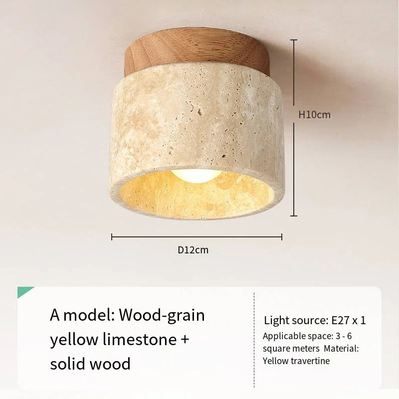 Japandi Travertine Ceiling Light Wood Cap Round Mid Century Lamp
