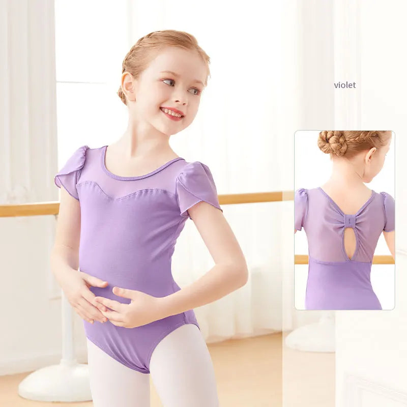 Elastischer Ballett-Body für Mädchen – kurzärmlig, Schleifendetail am Rücken, Baumwoll-Elasthan, für Tanzunterricht