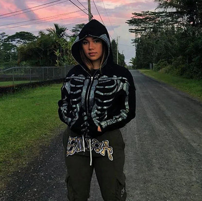 Overdimensjonert herre hettejakke med glidelås - Rhinestone skjelett, bomull