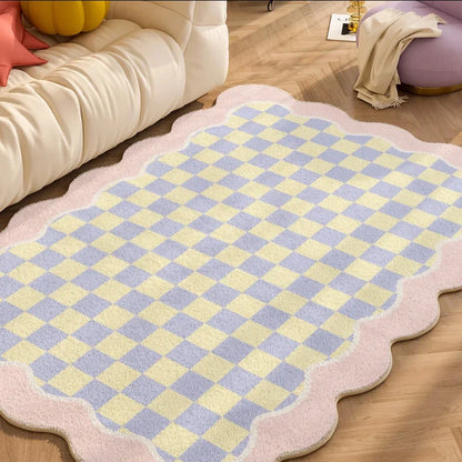 Plüschteppich kariert mit gewelltem Rand, Teppich für Kinderzimmer und Wohnzimmer, Akzent Herbst 2025, gemütlich, flauschig, maschinenwaschbar