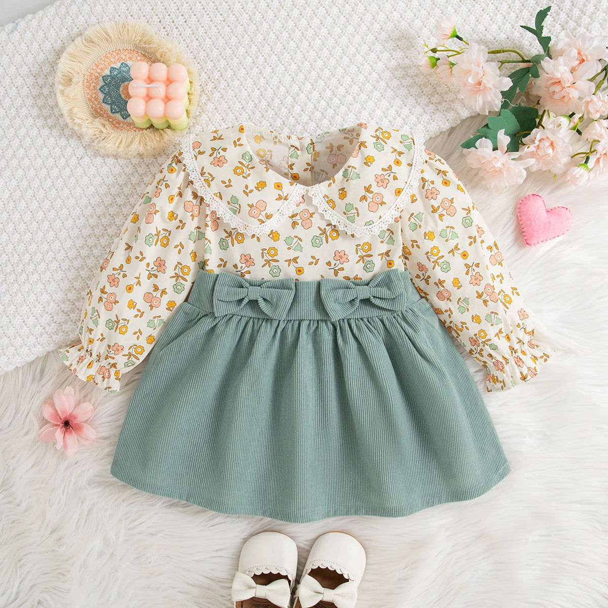 Weiches Baby-Mädchenkleid – langärmlig mit Blumenmuster, Polyester, für klassische Frühjahrs- und Herbstbekleidung