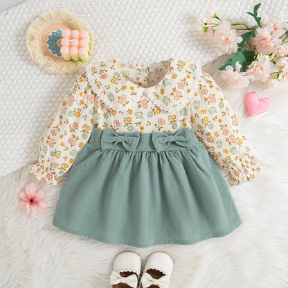 Weiches Baby-Mädchenkleid – langärmlig mit Blumenmuster, Polyester, für klassische Frühjahrs- und Herbstbekleidung