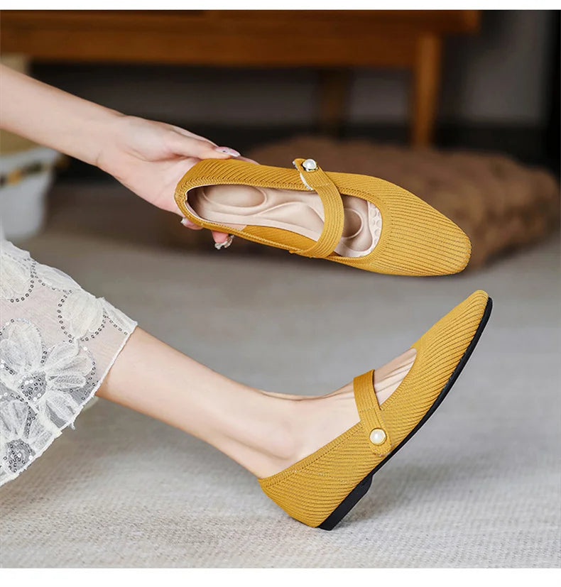 Stretchy Women Mary Jane Flats - Ribbed Knit For Spring
