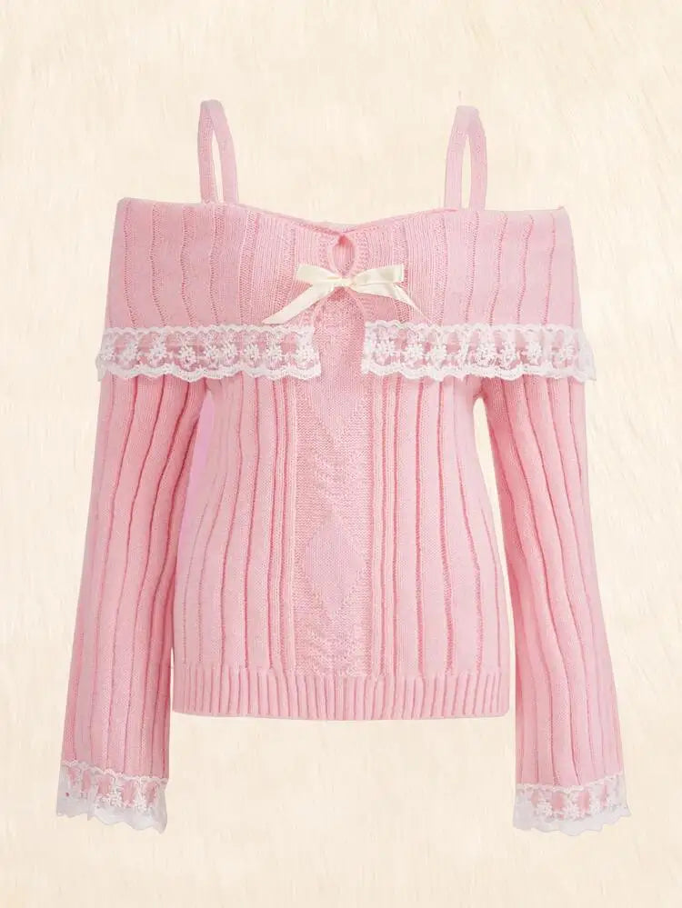 Fitted Womens Off Shoulder Sweater - Ribbed Lace Trim