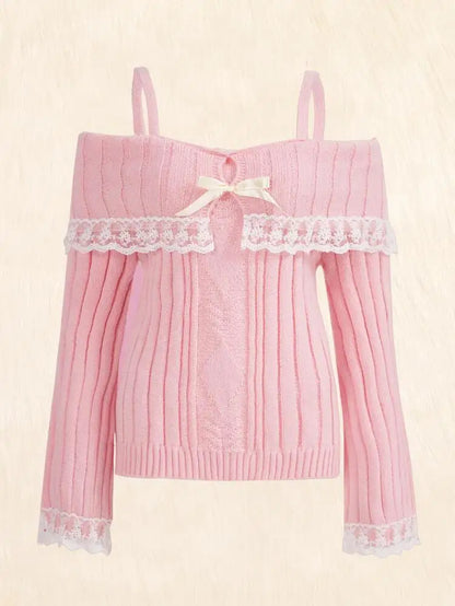 Fitted Womens Off Shoulder Sweater - Ribbed Lace Trim