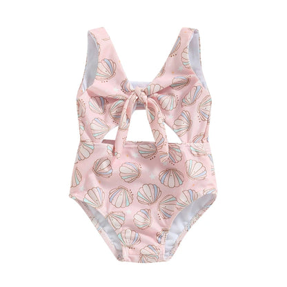 Soft Toddler Girls' One-Piece Swimsuit - Floral Print Bow-Tie Detail, Polyester, For Summer