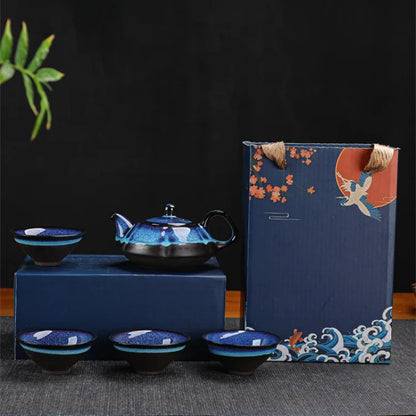Jun Kiln Ceramic Tea Set With Gift Box Blue Premium Glaze