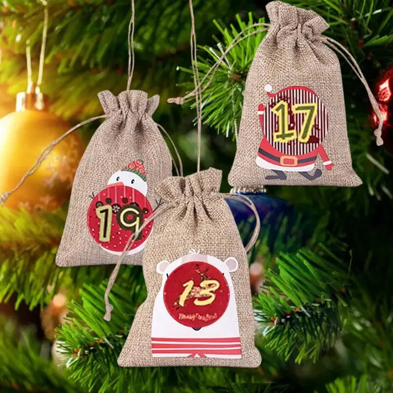 Christmas Advent Calendar 24Pcs Gift Bags Set - Durable Cloth with Customizable Number Stickers for Holiday Decor