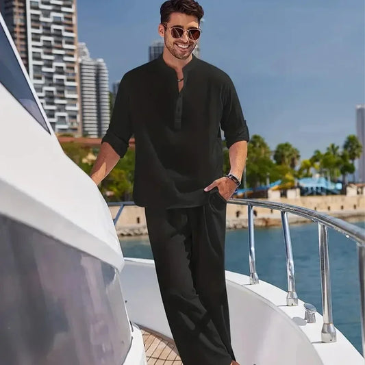 Conjunto de dos piezas de camisa de lino de algodón para hombre, casual, Henley de manga larga, ropa para vacaciones en la playa