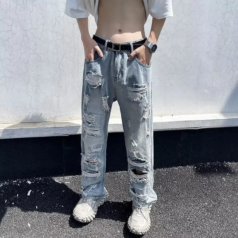 Oversized Relaxed Mens Jeans - Ripped Straight Leg Denim
