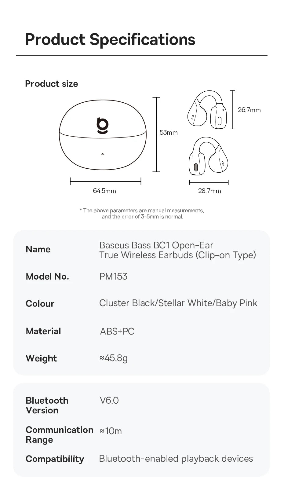 Baseus BC1 Open-Ear Clip Earbuds Bluetooth 6.0 – 4-Mic Noise Cancellation Super Bass IP55 Sports 2026