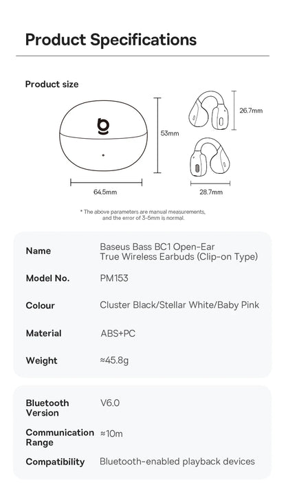 Baseus BC1 Open-Ear Clip Earbuds Bluetooth 6.0 – 4-Mic Noise Cancellation Super Bass IP55 Sports 2026