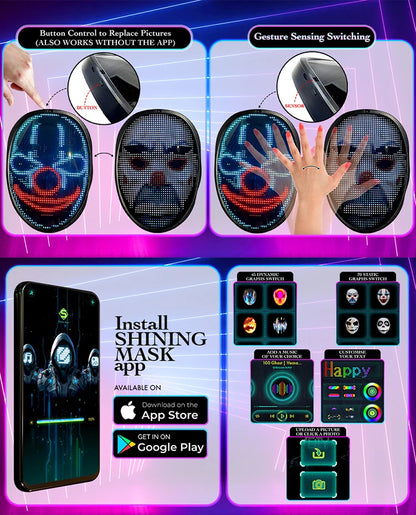 LED-masker met slim display, Bluetooth, app-programmeerbaar en gebarenbediening, 2074-LED Halloween-feestmasker 2026