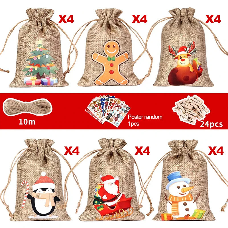 Christmas Advent Calendar 24Pcs Gift Bags Set - Durable Cloth with Customizable Number Stickers for Holiday Decor