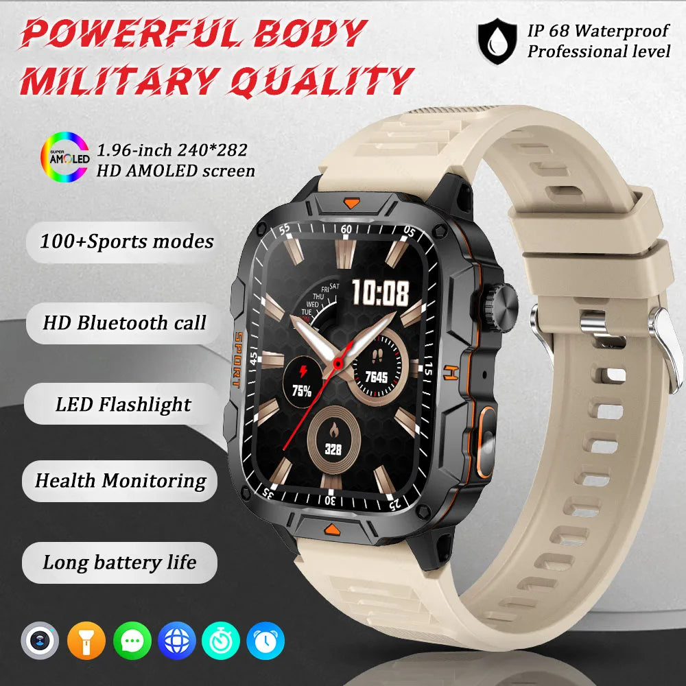 Smartwatch Rugged Military Grade – 1.96 Inch AMOLED Display, 5ATM Waterproof, Bluetooth Call Fitness Tracker, Fall 2025