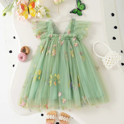Lightweight flowy girls' dress - knee-length tulle, floral print, polyester, for weddings