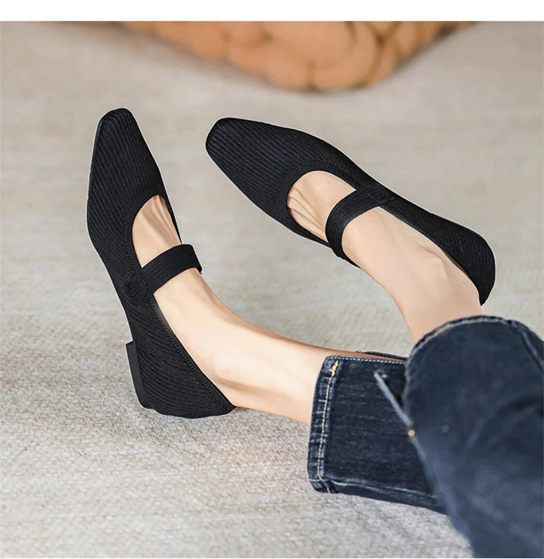 Stretchy Women Mary Jane Flats - Ribbed Knit For Spring
