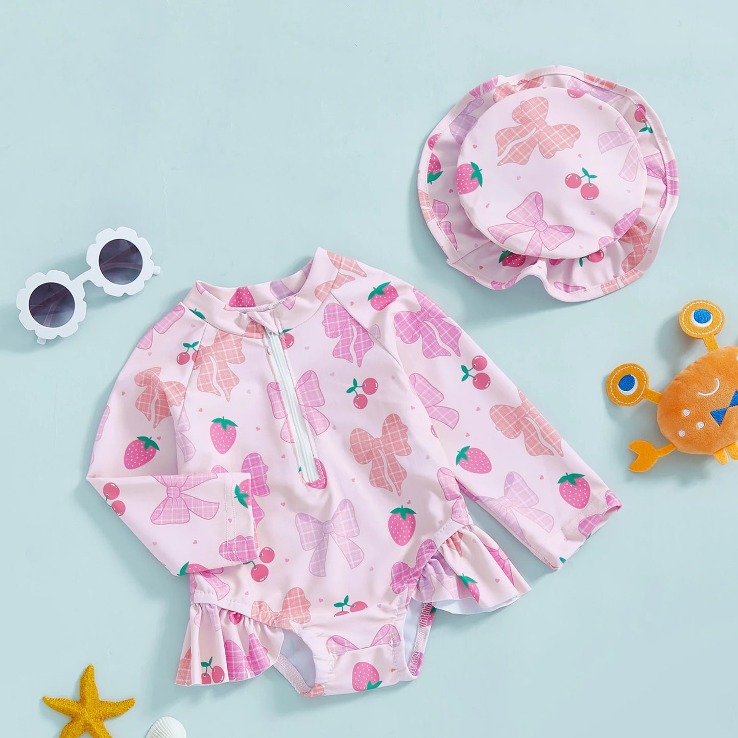 Soft Girls' Rash Guard Swimsuit Set - Zip-Up, Floral Print, Polyester, With Hat, For Summer Beach And Pool