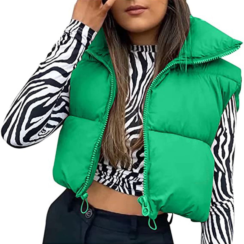 Warm Women’s Puffer Vest - Cropped Boxy, Polyester, Winter